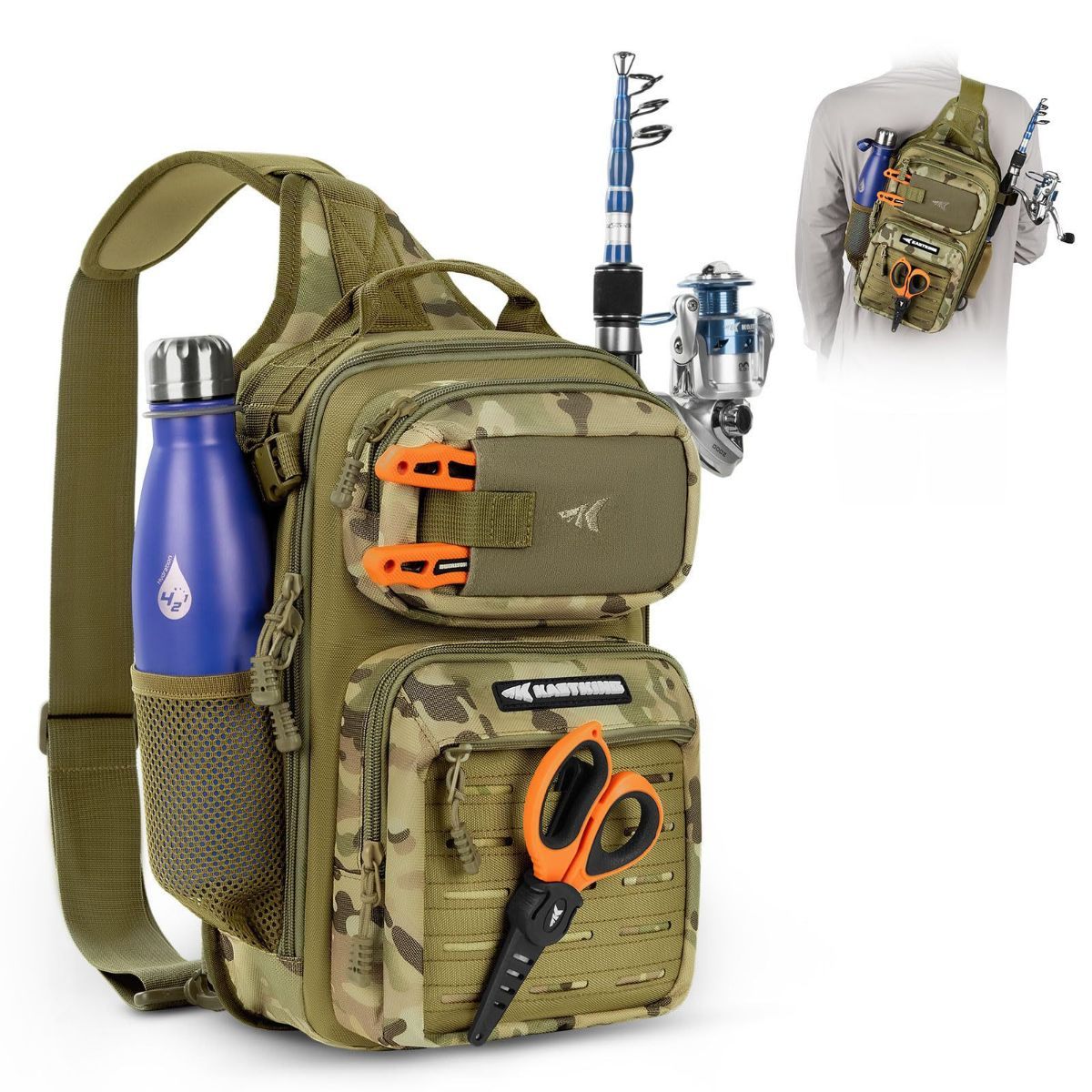 Fishing Sling Bag, Fishing Backpack with Rod Holder Fishing Bag Storge Fishing Gear, Gift for Men, Molle System, Water-Resistant Material - Green - Size 1Pack