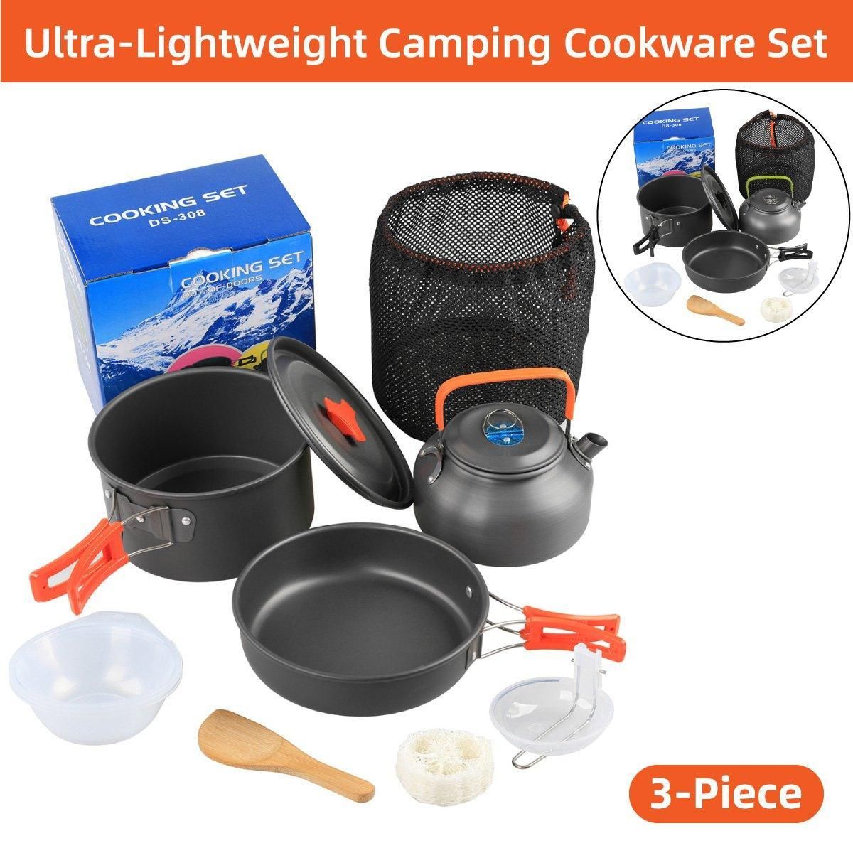 Lightweight Camping Cookware Set Outdoor Cooking Gear 3 Piece Travel Cook Set - Orange