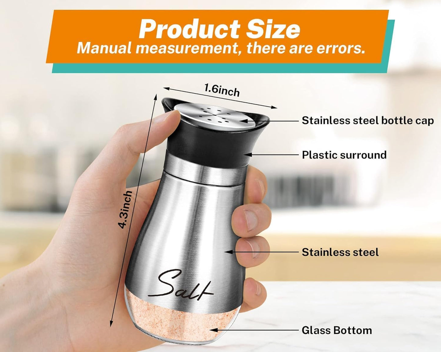 Salt and Pepper Shakers Set,4 Oz Glass Bottom Salt Pepper Shaker with Stainless Steel Lid for Kitchen Gadgets Cooking Table, RV, Camp,Bbq Refillable Design (Silver)