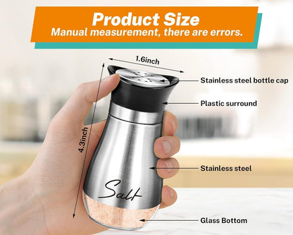 Salt and Pepper Shakers Set,4 Oz Glass Bottom Salt Pepper Shaker with Stainless Steel Lid for Kitchen Gadgets Cooking Table, RV, Camp,Bbq Refillable Design (Silver)