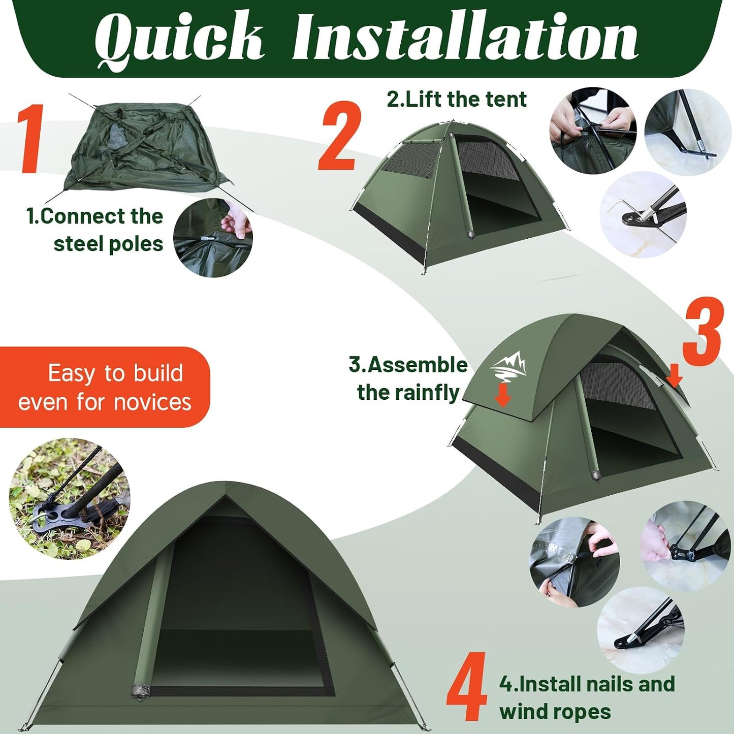 Tents for Camping 3-4 Person with Rainfly, Camping Tents 100% Waterproof, Outdoor Dome Tent Easy Setup, Backpacking Tent for Adventure, Festivals, Backyard (Not Crowded for 2 People)