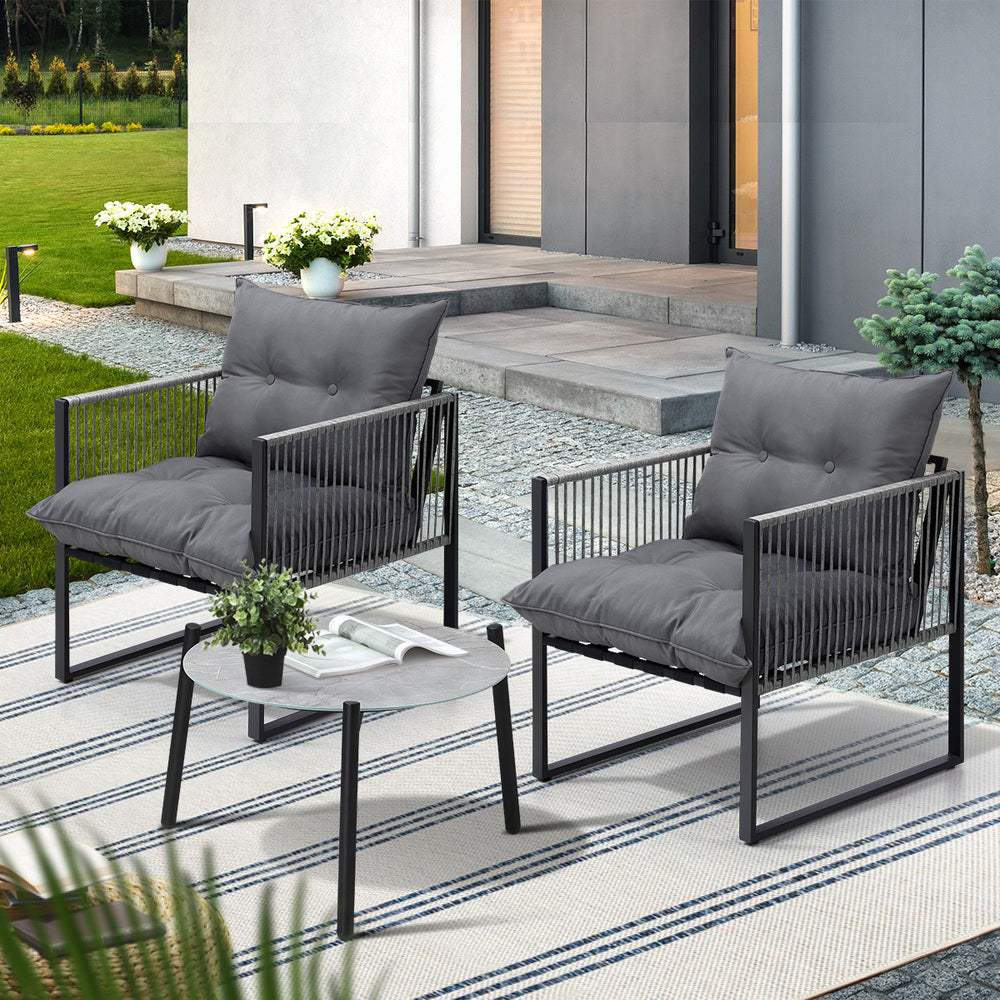 3 Pieces Grey Outdoor Patio Set with Table and Cushioned Armchairs