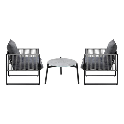 3 Pieces Grey Outdoor Patio Set with Table and Cushioned Armchairs