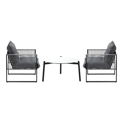 3 Pieces White Outdoor Patio Set with Table and Cushioned Armchairs