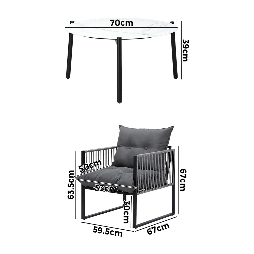 3 Pieces White Outdoor Patio Set with Table and Cushioned Armchairs