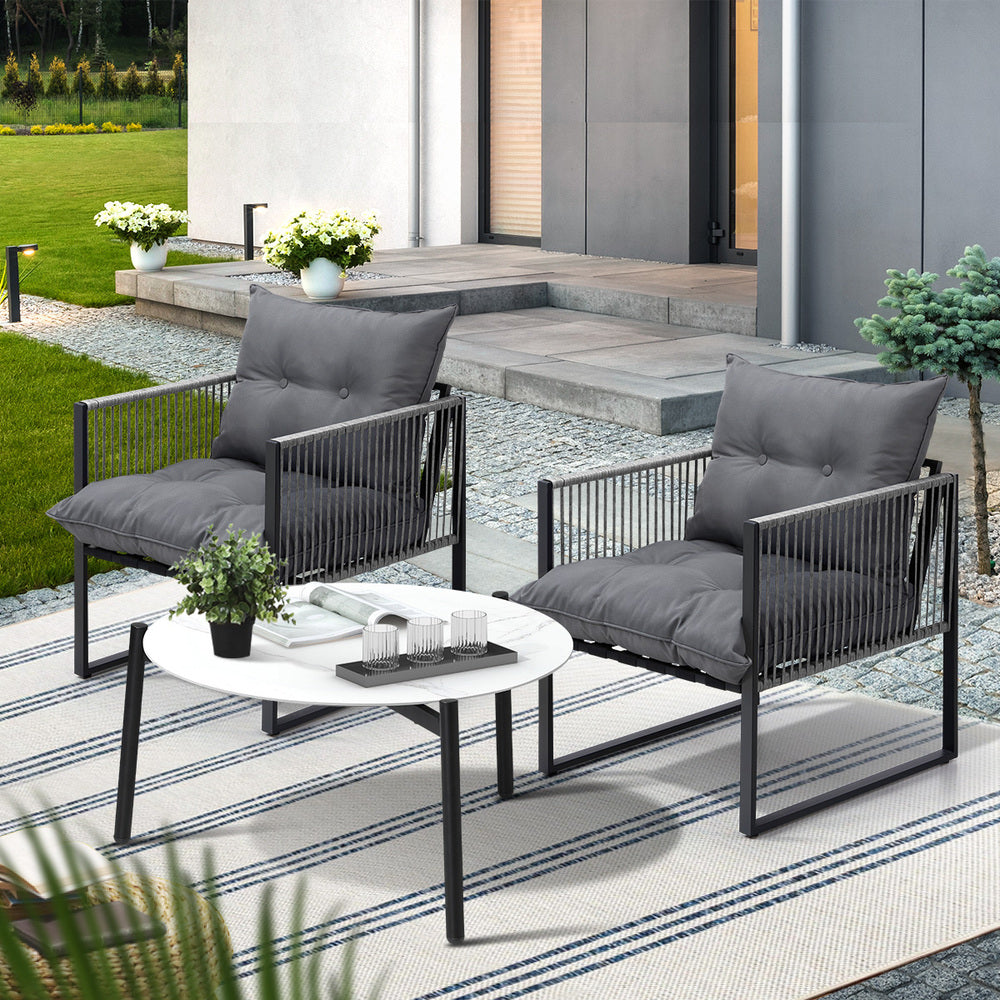 3 Pieces White Outdoor Patio Set with Table and Cushioned Armchairs