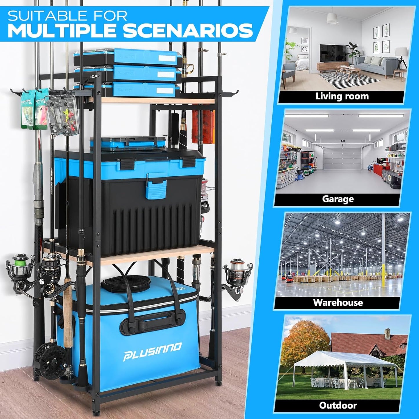 Fishing Rod Holders, Fishing Pole Holders for Garage, Fishing Rod Rack, 3 Tier Fishing Gear Tackle Box Storage for Garage Organization, Fishing Gifts for Men