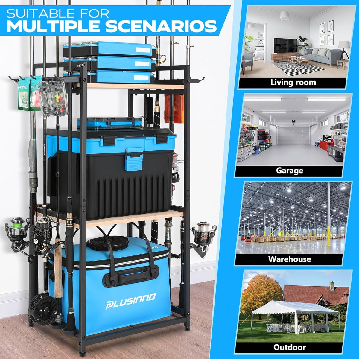 Fishing Rod Holders, Fishing Pole Holders for Garage, Fishing Rod Rack, 3 Tier Fishing Gear Tackle Box Storage for Garage Organization, Fishing Gifts for Men