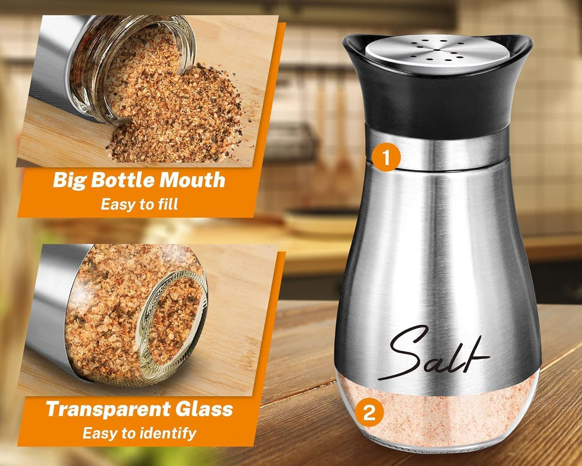 Salt and Pepper Shakers Set,4 Oz Glass Bottom Salt Pepper Shaker with Stainless Steel Lid for Kitchen Gadgets Cooking Table, RV, Camp,Bbq Refillable Design (Silver)