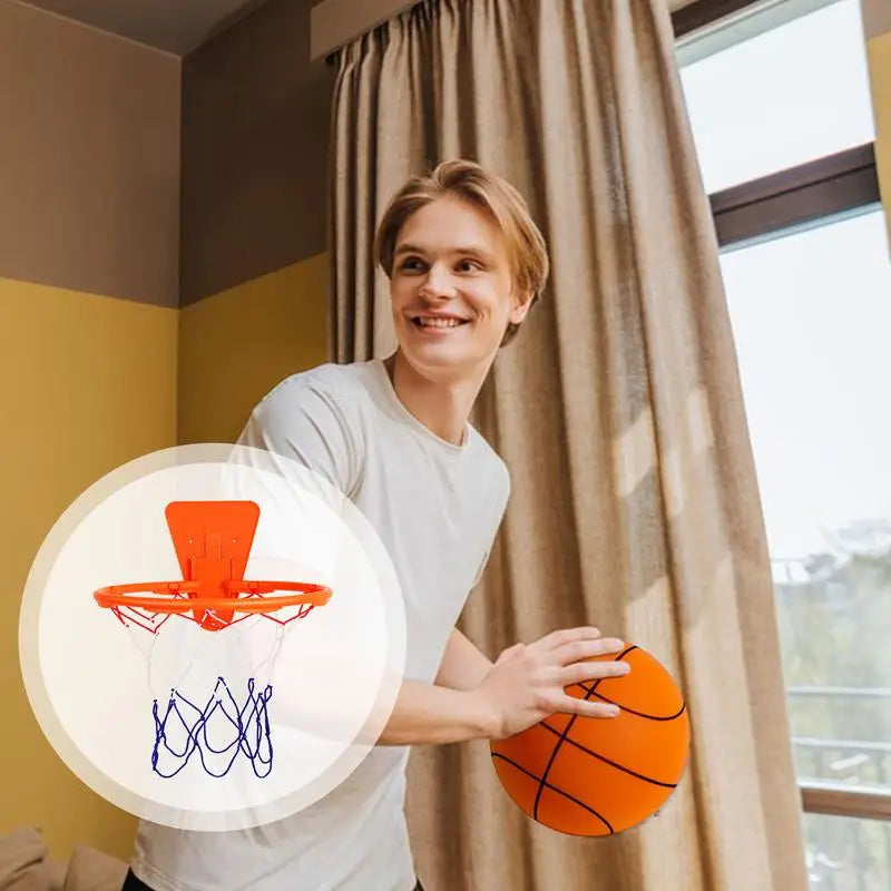 Wall Mounted Basketball Hoop with Basketball Mesh Bag No. 7 Silent Ball Set Indoor Hangings Basketball Goal Hoop Net for Kids