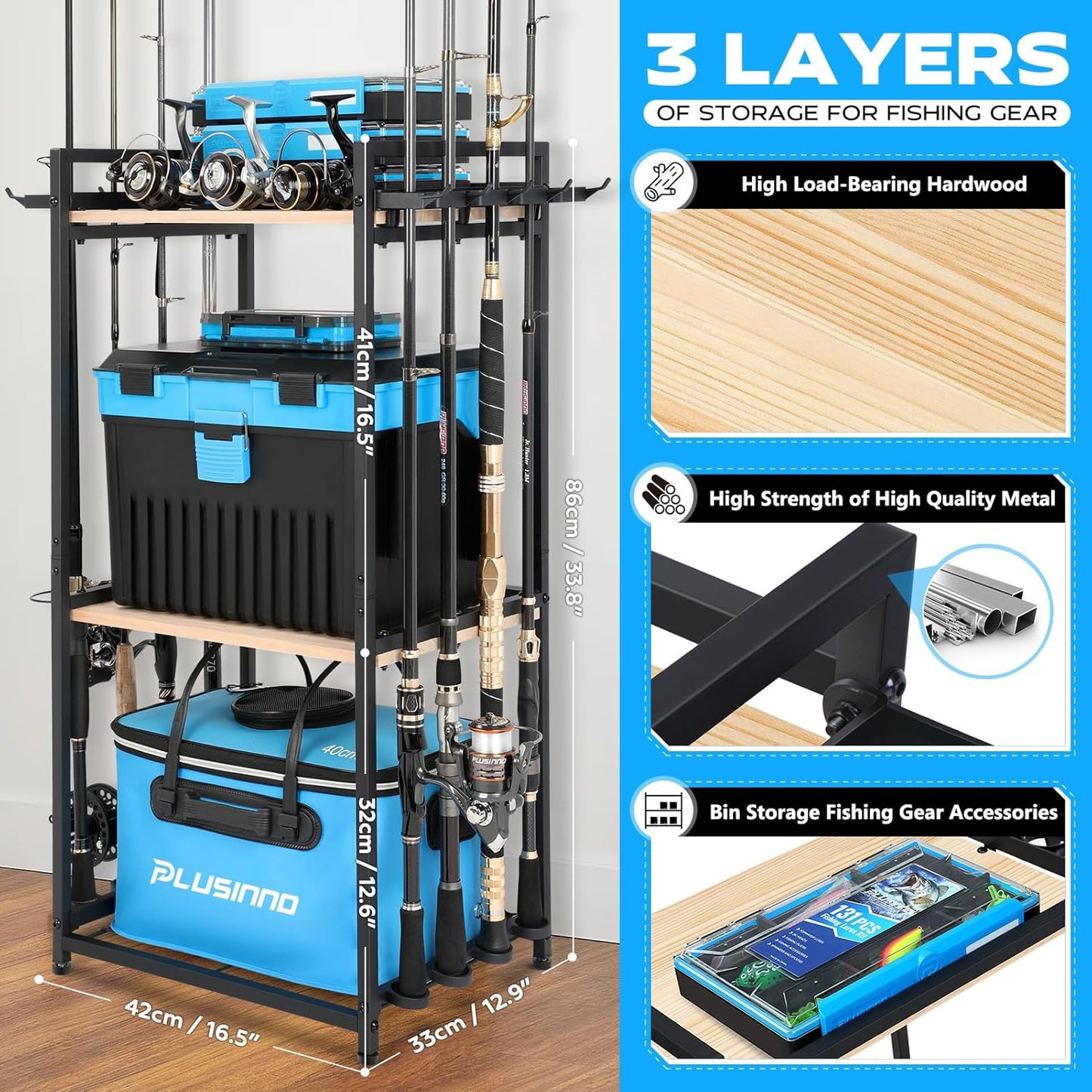 Fishing Rod Holders, Fishing Pole Holders for Garage, Fishing Rod Rack, 3 Tier Fishing Gear Tackle Box Storage for Garage Organization, Fishing Gifts for Men