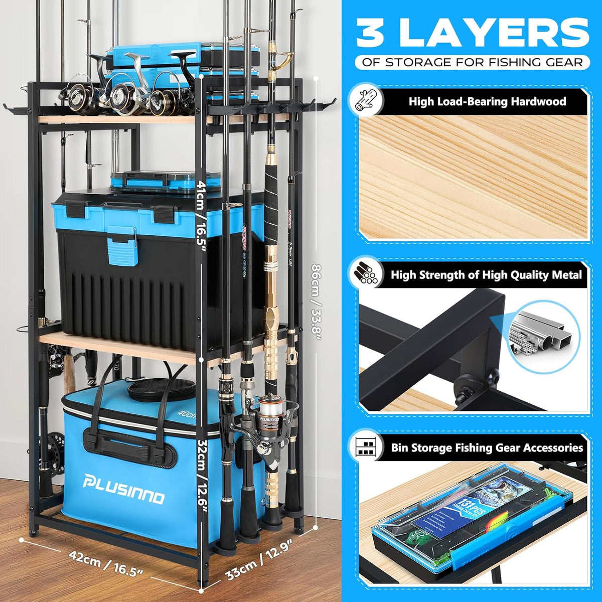 Fishing Rod Holders, Fishing Pole Holders for Garage, Fishing Rod Rack, 3 Tier Fishing Gear Tackle Box Storage for Garage Organization, Fishing Gifts for Men