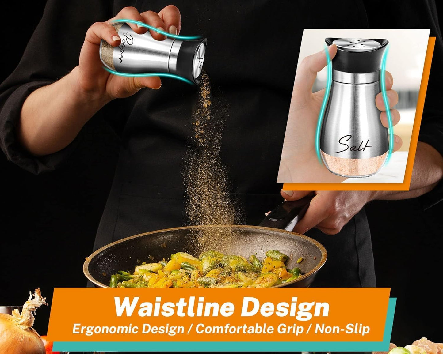 Salt and Pepper Shakers Set,4 Oz Glass Bottom Salt Pepper Shaker with Stainless Steel Lid for Kitchen Gadgets Cooking Table, RV, Camp,Bbq Refillable Design (Silver)