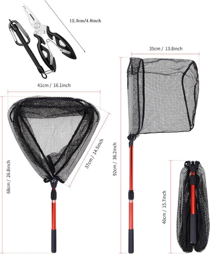 Fishing Net,Foldable Fishing Landing Net with Pliers and 100 Hooks