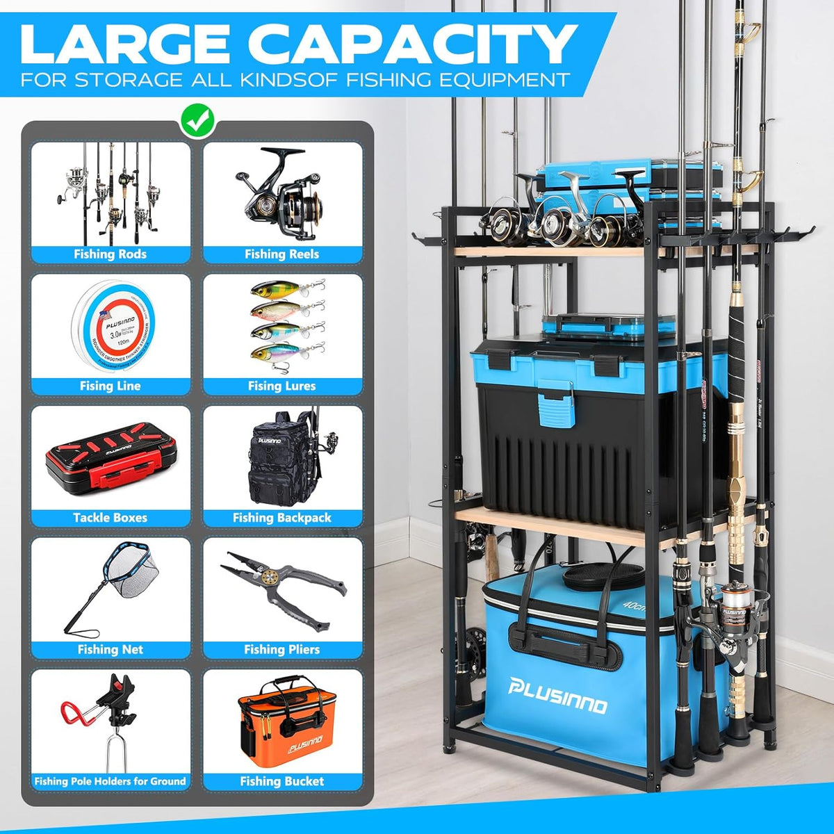 Fishing Rod Holders, Fishing Pole Holders for Garage, Fishing Rod Rack, 3 Tier Fishing Gear Tackle Box Storage for Garage Organization, Fishing Gifts for Men
