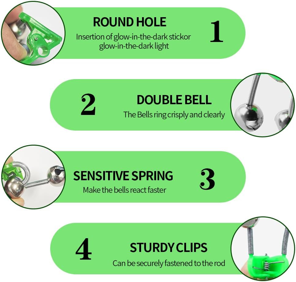 50PCS Fishing Rod Bells Clip – Dual Alert Fishing Bells for Rod Tip, Clip-On Bite Alarm for Night and Ice Fishing, Loud Sound Fishing Equipment Accessories