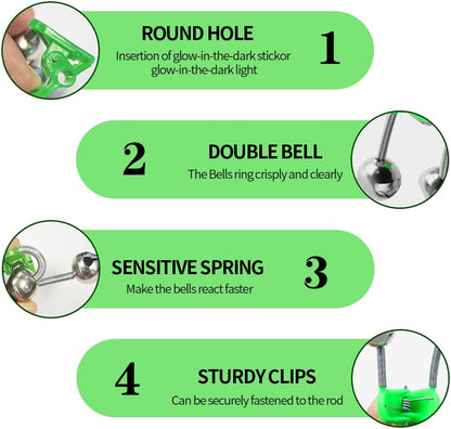 50PCS Fishing Rod Bells Clip – Dual Alert Fishing Bells for Rod Tip, Clip-On Bite Alarm for Night and Ice Fishing, Loud Sound Fishing Equipment Accessories