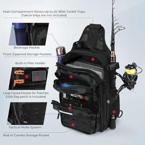 Fishing Sling Bag, Fishing Backpack with Rod Holder Fishing Bag Storge Fishing Gear, Gift for Men, Molle System, Water-Resistant Material - Black Camo - Size 1Pack