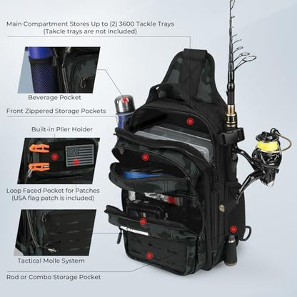 Fishing Sling Bag, Fishing Backpack with Rod Holder Fishing Bag Storge Fishing Gear, Gift for Men, Molle System, Water-Resistant Material - Black Camo - Size 1Pack