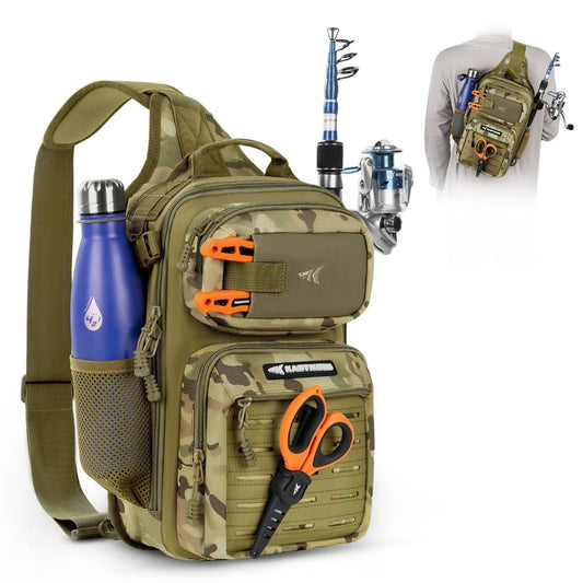 Fishing Sling Bag, Fishing Backpack with Rod Holder Fishing Bag Storge Fishing Gear, Gift for Men, Molle System, Water-Resistant Material - Green Camo - Size 1Pack