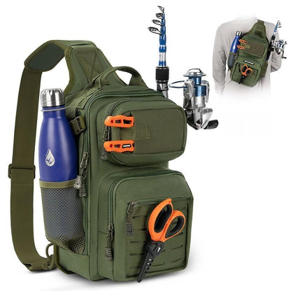 Fishing Sling Bag, Fishing Backpack with Rod Holder Fishing Bag Storge Fishing Gear, Gift for Men, Molle System, Water-Resistant Material - Green Camo - Size 1Pack