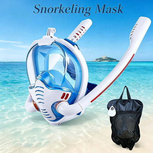 Adult Full Face Snorkel Mask Dual Tube 180° Panoramic Anti-Fog, Unisex Snorkelling Gear for Outdoor Water Sports L/XL. white+blue