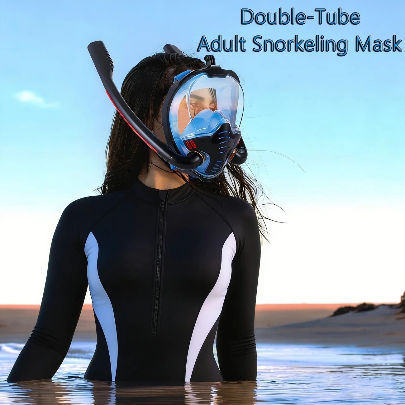 Adult Full Face Snorkel Mask Dual Tube 180° Panoramic Anti-Fog, Unisex Snorkelling Gear for Outdoor Water Sports L/XL. white+blue