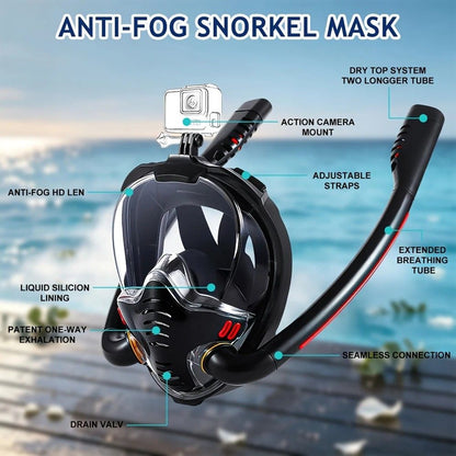 Adult Full Face Snorkel Mask Dual Tube 180° Panoramic Anti-Fog, Unisex Snorkelling Gear for Outdoor Water Sports L/XL. white+blue