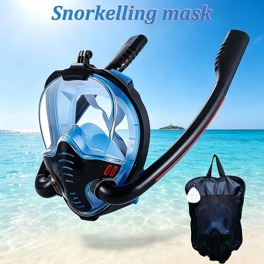 Adult Full Face Snorkel Mask Dual Tube 180° Panoramic Anti-Fog, Unisex Snorkelling Gear for Outdoor Water Sports L/XL. BLACK+blue
