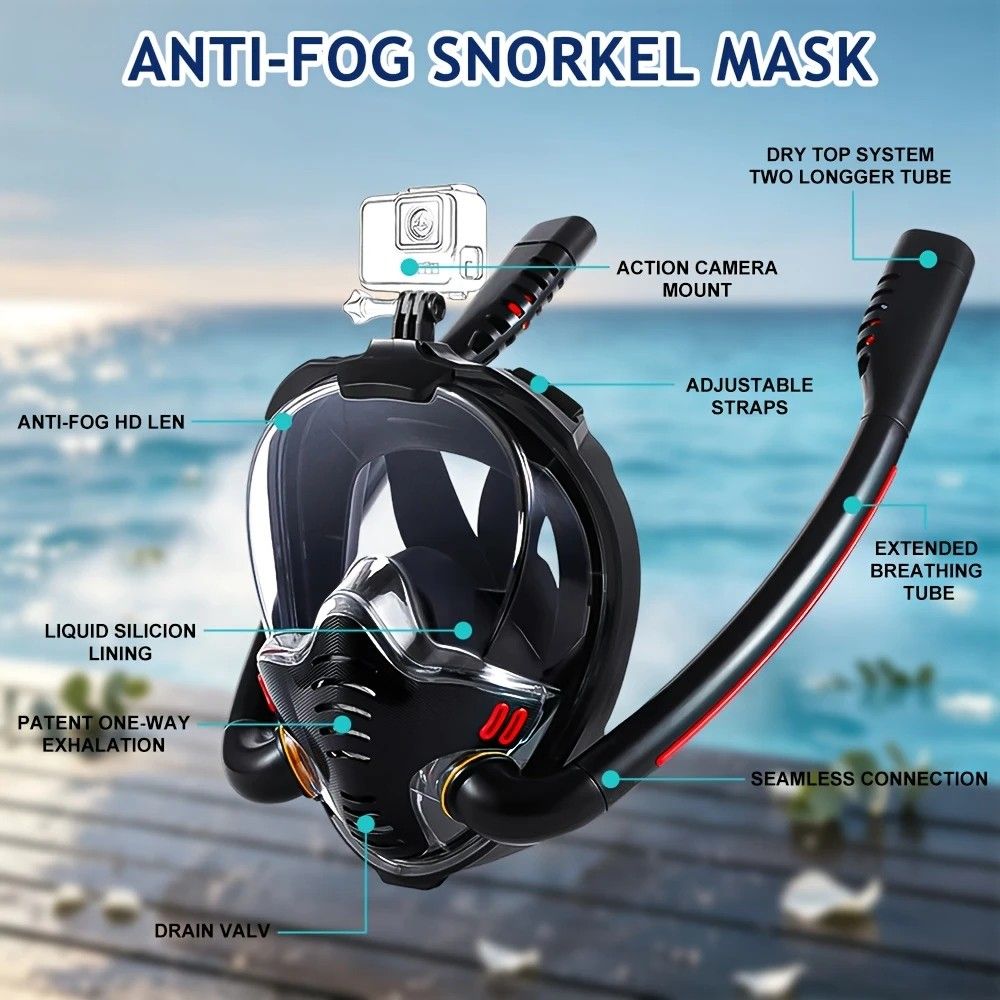 Adult Full Face Snorkel Mask Dual Tube 180° Panoramic Anti-Fog, Unisex Snorkelling Gear for Outdoor Water Sports L/XL. BLACK+blue