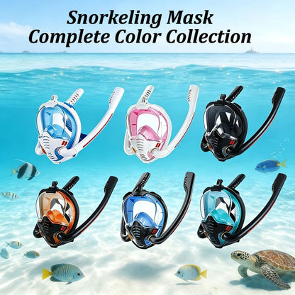 Adult Full Face Snorkel Mask Dual Tube 180° Panoramic Anti-Fog, Unisex Snorkelling Gear for Outdoor Water Sports L/XL. BLACK+blue