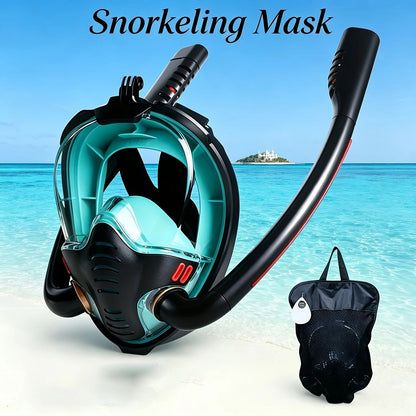 Adult Full Face Snorkel Mask Dual Tube 180° Panoramic Anti-Fog, Unisex Snorkelling Gear for Outdoor Water Sports L/XL. BLACK+blue