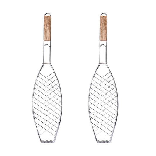 Barbecue Net Clamp Iron Wire Mesh with Wooden Handle for Camping Grill - 43x15cm