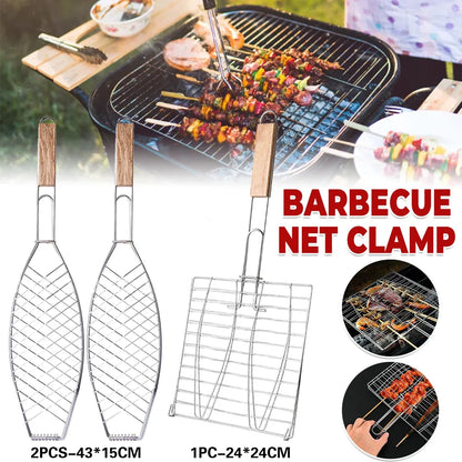 Barbecue Net Clamp Iron Wire Mesh with Wooden Handle for Camping Grill - 43x15cm