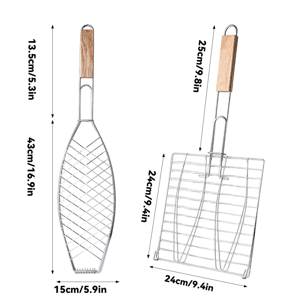 Barbecue Net Clamp Iron Wire Mesh with Wooden Handle for Camping Grill - 43x15cm