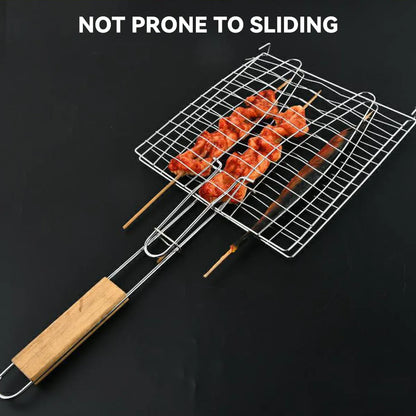 Barbecue Net Clamp Iron Wire Mesh with Wooden Handle for Camping Grill - 43x15cm