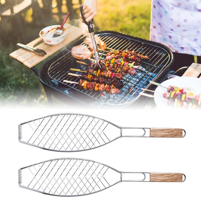 Barbecue Net Clamp Iron Wire Mesh with Wooden Handle for Camping Grill - 43x15cm