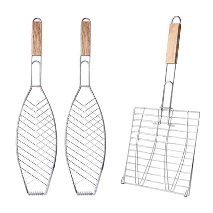 Barbecue Net Clamp Iron Wire Mesh with Wooden Handle for Camping Grill - 24x24cm