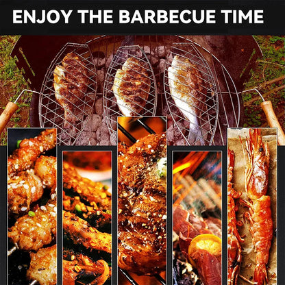 Barbecue Net Clamp Iron Wire Mesh with Wooden Handle for Camping Grill - 24x24cm