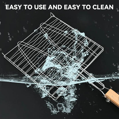 Barbecue Net Clamp Iron Wire Mesh with Wooden Handle for Camping Grill - 24x24cm