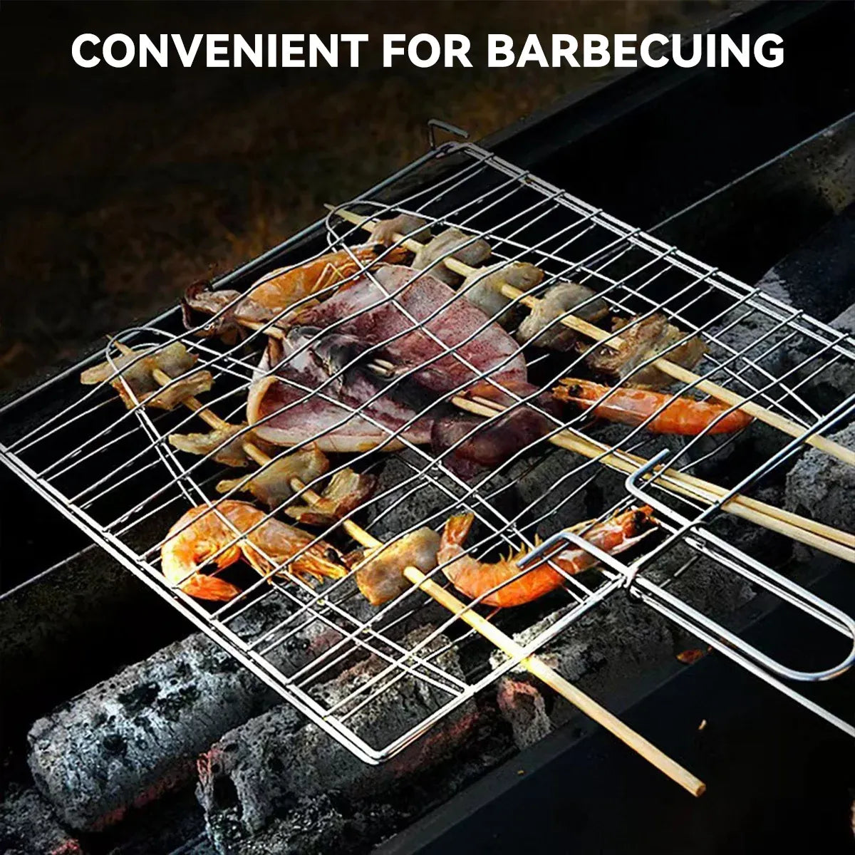 Barbecue Net Clamp Iron Wire Mesh with Wooden Handle for Camping Grill - 24x24cm