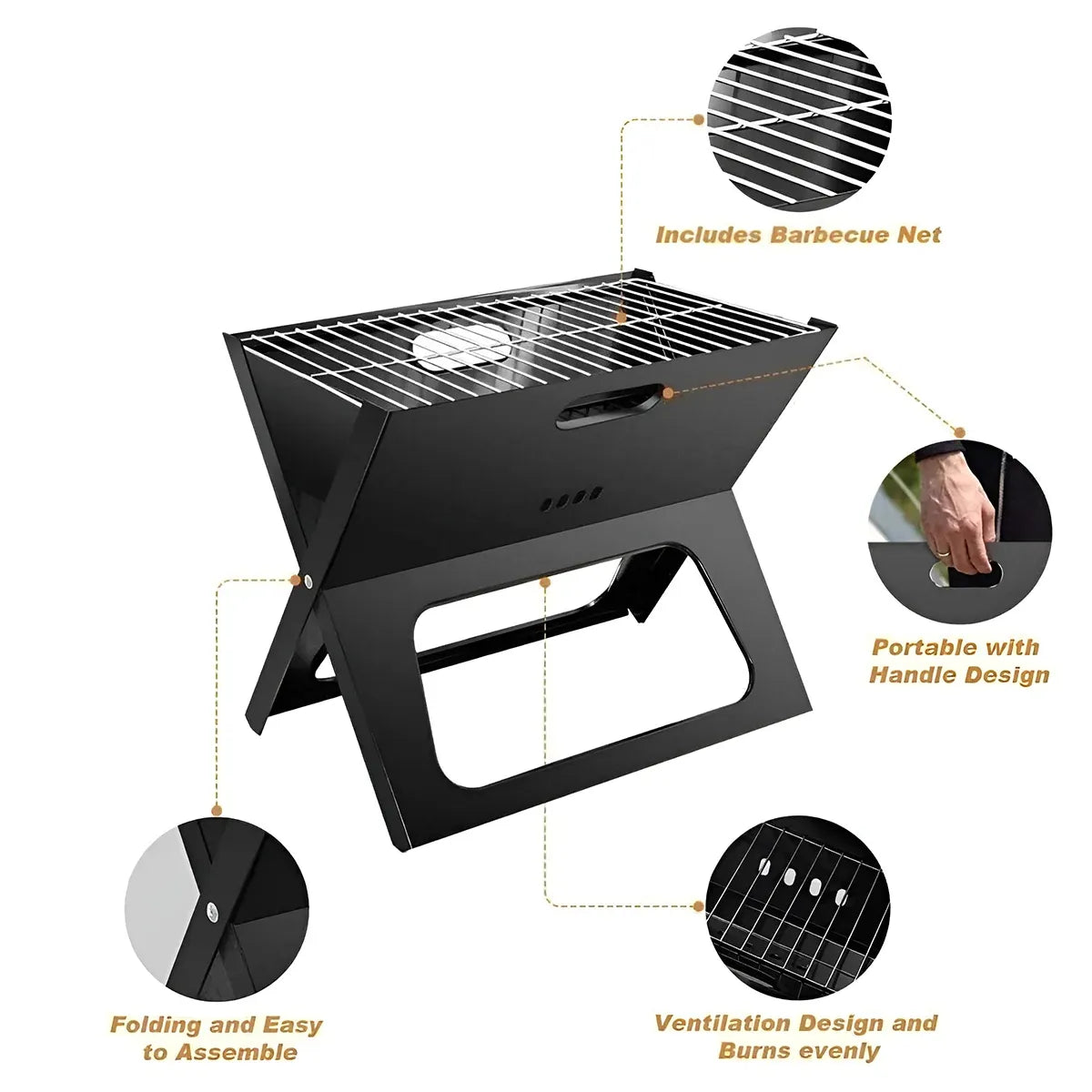 Grillz BBQ Grill Charcoal Smoker Outdoor Portable Camping Folding Steel Barbecue