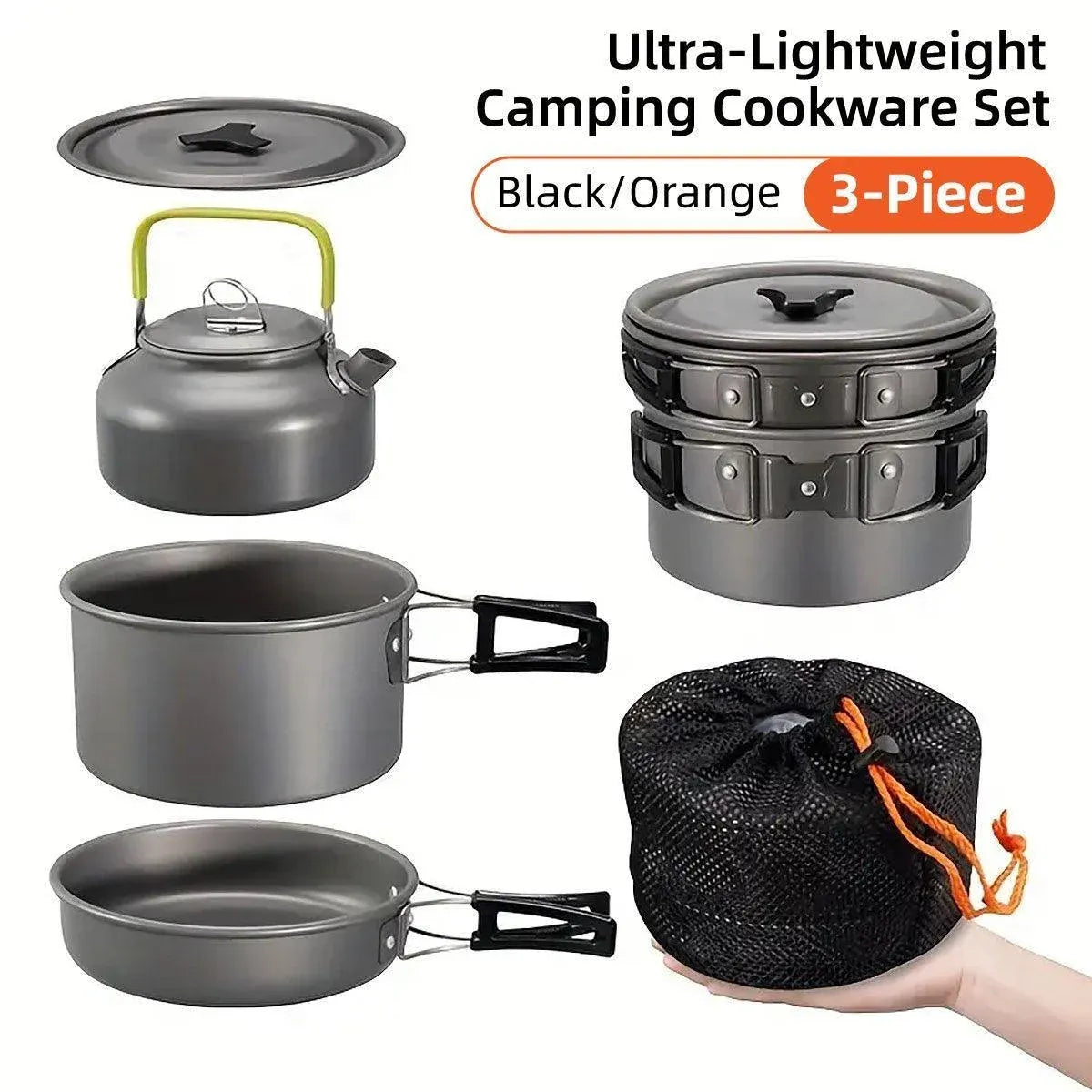 Lightweight Camping Cookware Set Outdoor Cooking Gear 3 Piece Travel Cook Set - Orange
