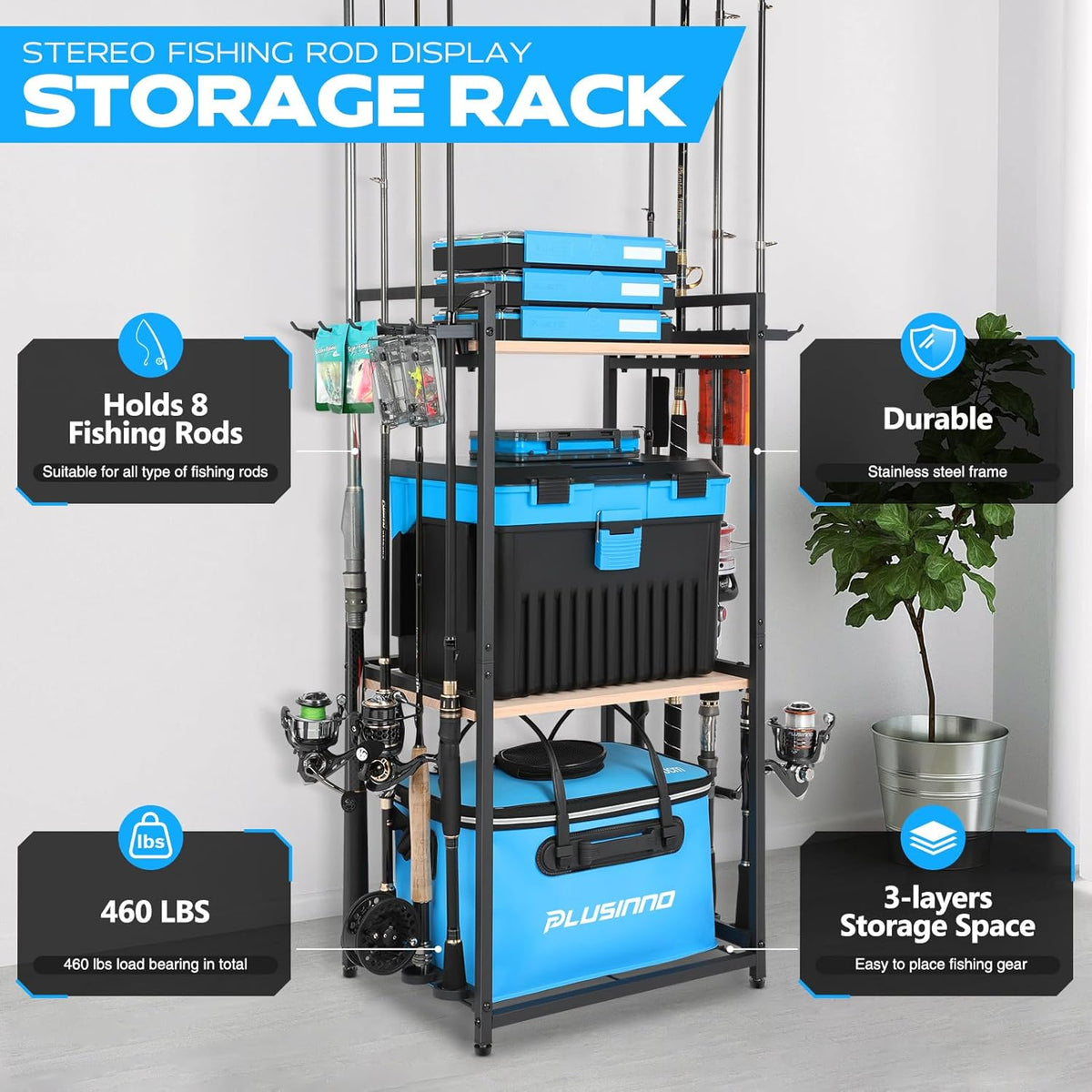 Fishing Rod Holders, Fishing Pole Holders for Garage, Fishing Rod Rack, 3 Tier Fishing Gear Tackle Box Storage for Garage Organization, Fishing Gifts for Men