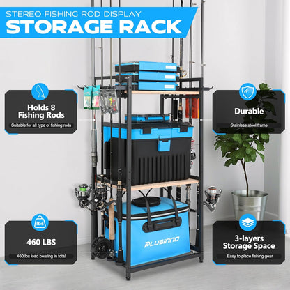 Fishing Rod Holders, Fishing Pole Holders for Garage, Fishing Rod Rack, 3 Tier Fishing Gear Tackle Box Storage for Garage Organization, Fishing Gifts for Men