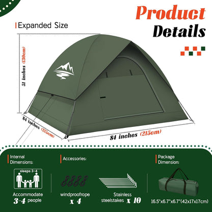 Tents for Camping 3-4 Person with Rainfly, Camping Tents 100% Waterproof, Outdoor Dome Tent Easy Setup, Backpacking Tent for Adventure, Festivals, Backyard (Not Crowded for 2 People)