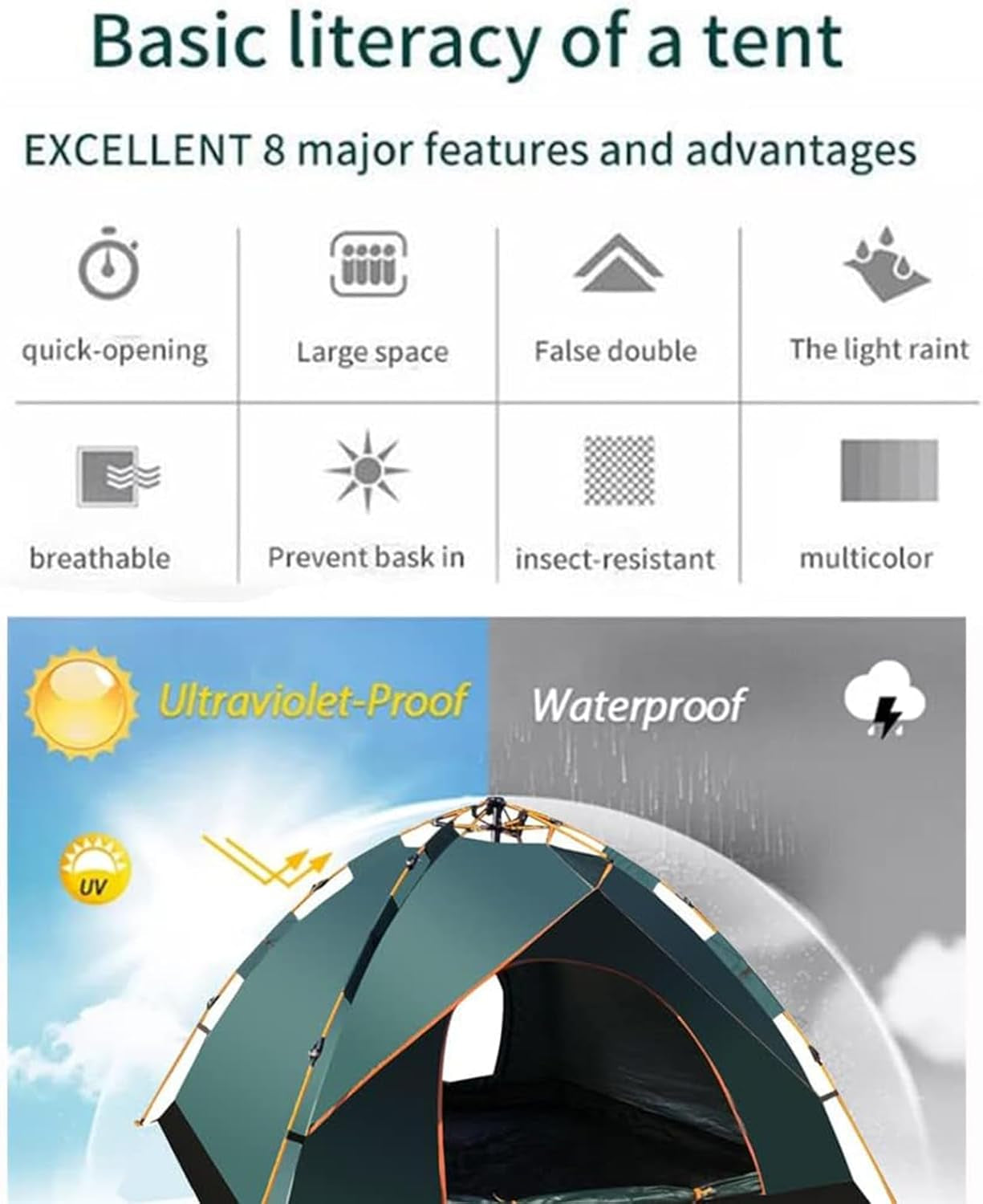 Camping Tent 3-4 Persons,  Pop up Tents Removable Instant Tent 2 Door Breathable Waterproof UV Protection, Family Dome Tent for Family Outdoor Sports Travel Picnic with Carrying Bag