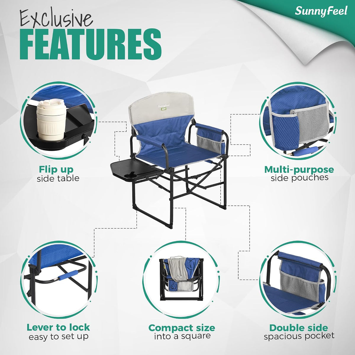 Camping Directors Chair, Heavy Duty,Oversized Portable Folding Chair with Side Table, Pocket for Beach, Fishing,Trip,Picnic,Lawn,Concert Outdoor Foldable Camp Chairs